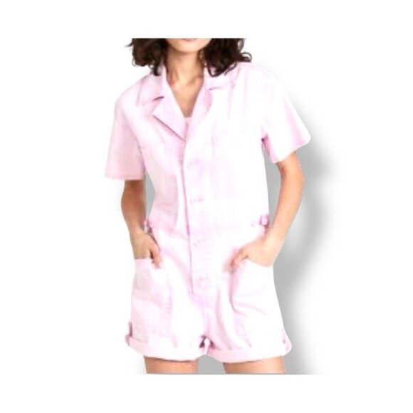 Pistola Parker Romper Pink Utility Short Sleeve Button Front Size Small Pockets - Picture 1 of 14